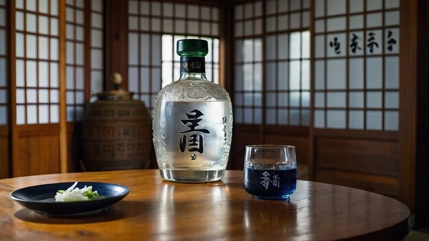 Photo traditional korean soju bottle on wooden table indoors