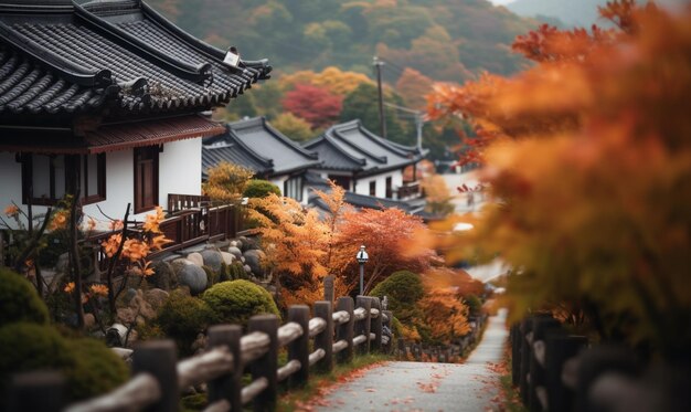 Foto villaggio tradizionale coreano in autunno