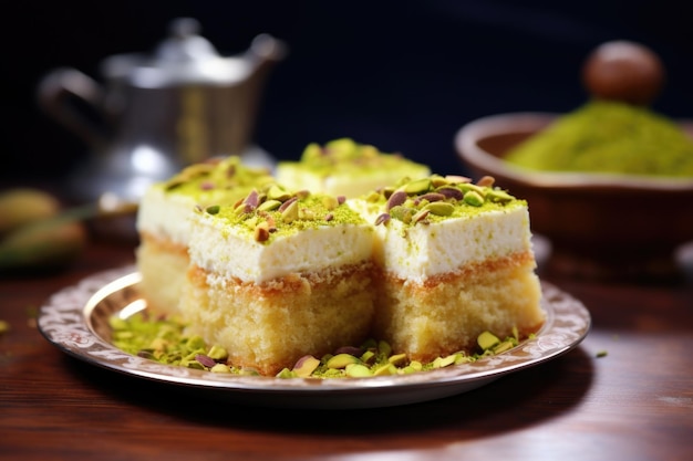 A traditional kunafa dessert topped with pistachios on an ornate plate
