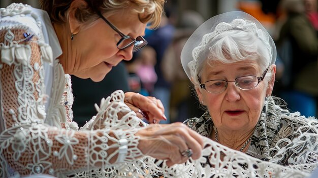 Photo traditional lace making workshops at binche carnival