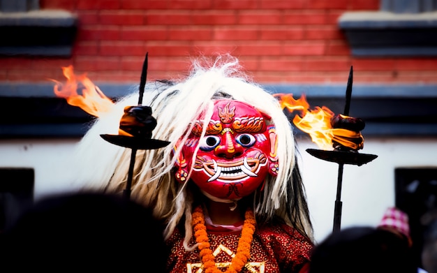 Photo traditional lakhey dance at patan, kathmandu, nepal.