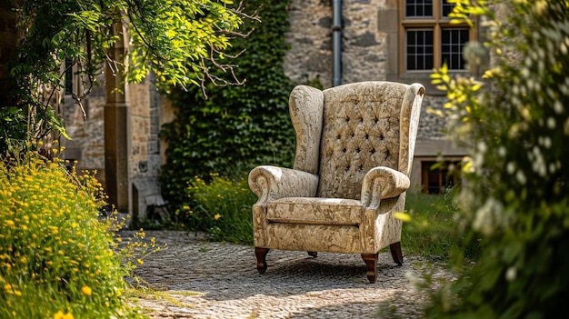 Traditional Landscape Large Wing Chair in Light Brown and Light Amber