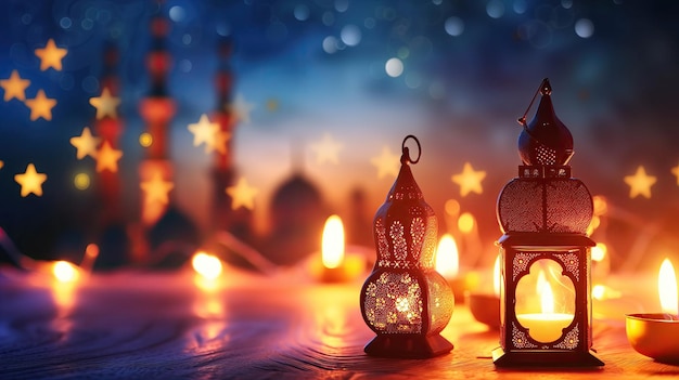 Traditional Lanterns With Lit Candles on Table During Ramadan Celebration Bokeh Background