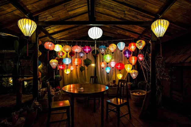 Traditional Lao style hotel with Chinese lanterns decoration in Luang Prabang, Laos. Chinese lantern