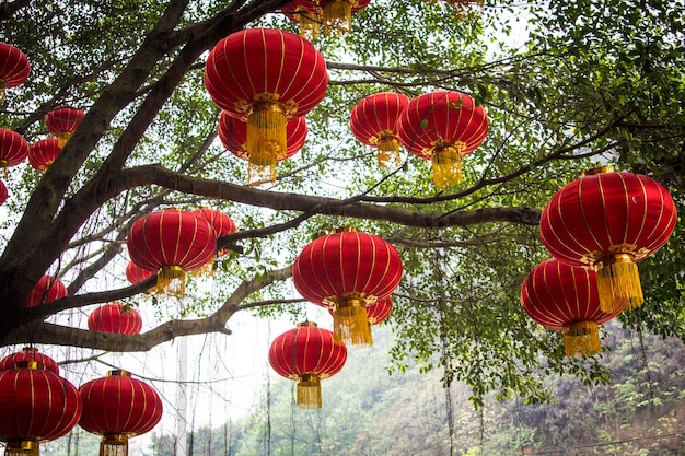 Traditional Lao style house with Chinese lanterns decoration. Chinese new year