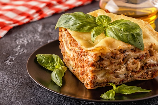 Traditional lasagna made with minced beef bolognese sauce