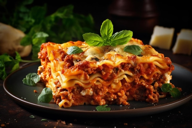 Foto lasagne tradizionali con ragù alla bolognese condite con foglie di basilico servite su piatto