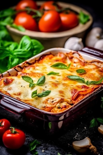 Traditional lasagna with bolognese sauce topped with basil leaves served on plate