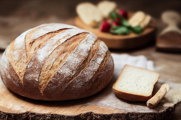 Traditional leavened sourdough bread with rought skin on a rustic wooden table Healthy food