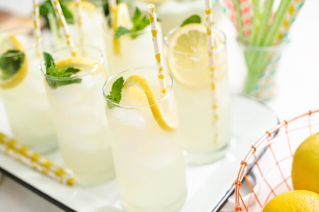 Traditional lemonade with a slice of fresh lemon and mint with paper straw in the glass.