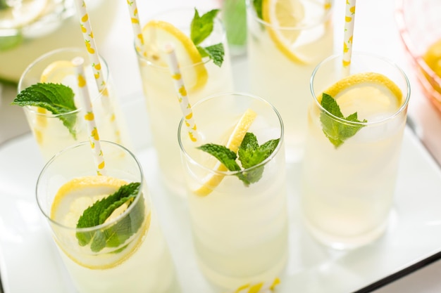 Traditional lemonade with a slice of fresh lemon and mint with paper straw in the glass.
