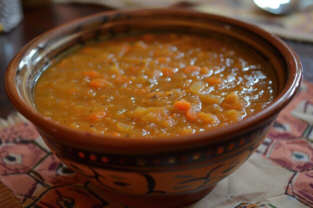 Photo traditional lentil soup in a decorative bowl on a patterned tablecloth