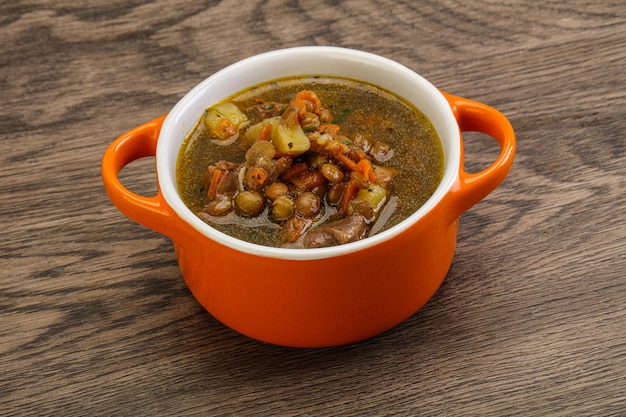 Traditional Lentil soup with chicken and vegetables