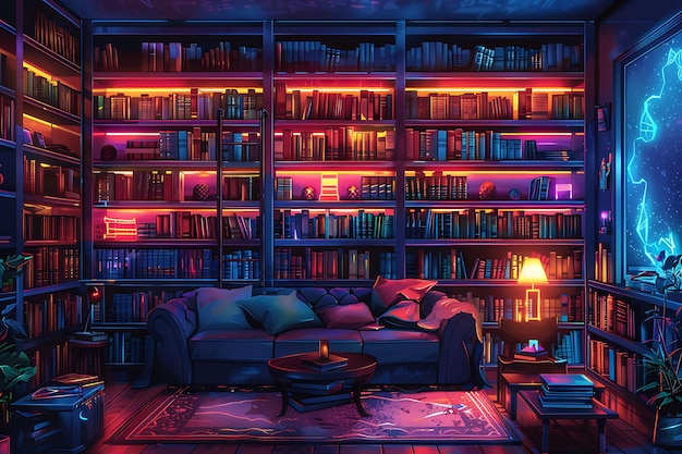 Photo traditional library with built in bookshelves and a cozy rea interior room neon light vr concept