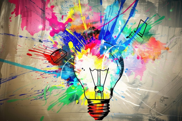 A traditional light bulb covered in vibrant paint splatters of various colors creating a dynamic and artistic display