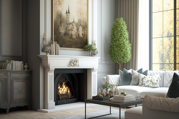 Traditional living room decor features a white sofa and a fireplace