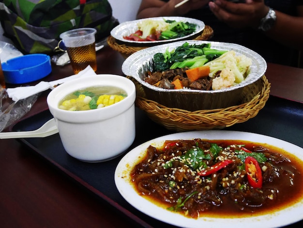 Traditional local and fusion chinese food set cuisine Shantou or Swatow style on dish plate for served guest customer at restaurant cafe shop in Teochew old town at Chaozhou city in Guangdong China