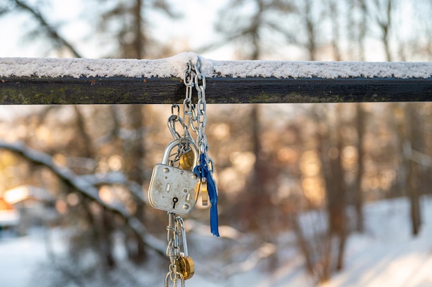 Traditional locks of lovers on the bridge Symbol of love and fidelity