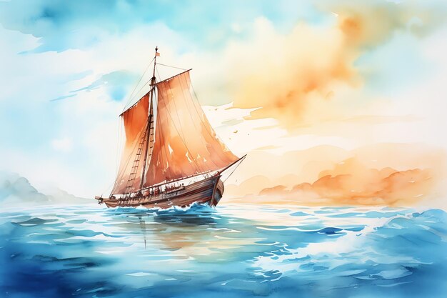 A traditional longboat sailing through crystal waters realistic tropical background