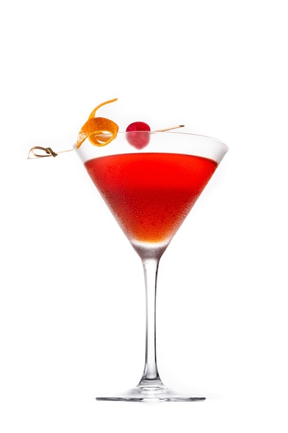Traditional Manhattan cocktail with cherry isolated