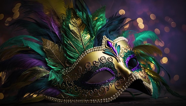 Traditional mardi gras carnival mask with purple and green feathers, golden beads