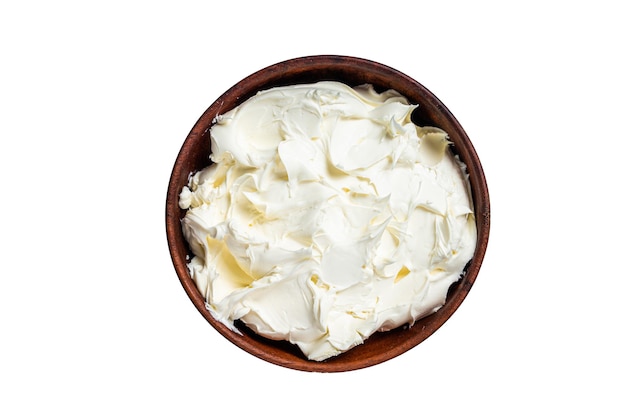 Traditional Mascarpone cheese in wooden bowl Isolated on white background