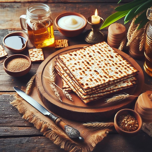 Traditional matzah bread on the wooden table