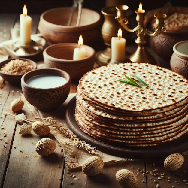 Traditional matzah bread on the wooden table