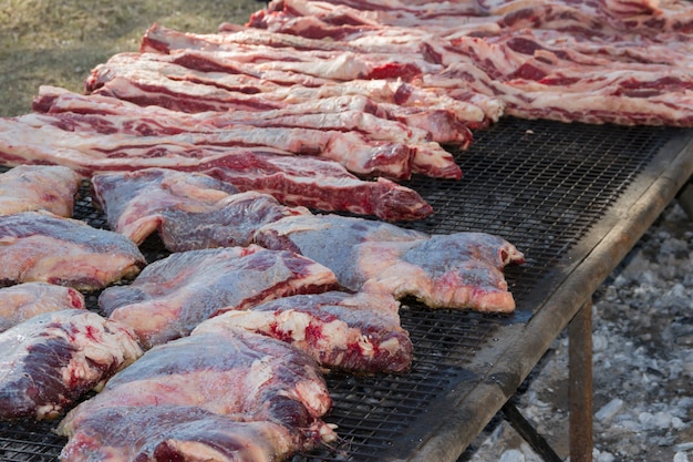 Traditional meat grilled on the grill in the Argentine countryside