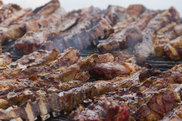 Traditional meat grilled on the grill in the Argentine countryside