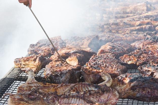 Traditional meat grilled on the grill in the Argentine countryside