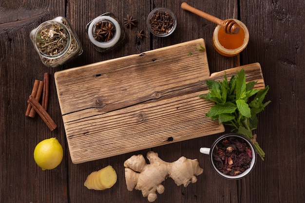 Traditional medicine with healthy tea products set, top view