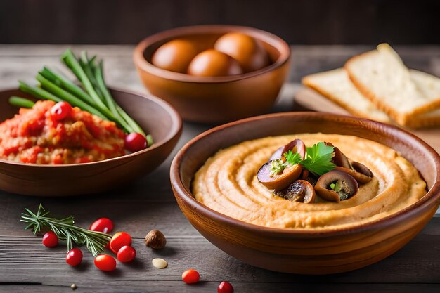 Traditional mediterranean hummus with mushrooms and onions