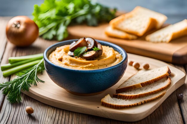 Traditional mediterranean hummus with mushrooms and onions