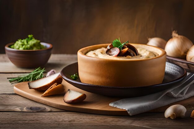 Photo traditional mediterranean hummus with mushrooms and onions