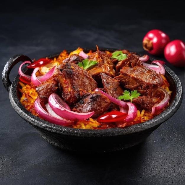 Traditional Mexican beef stew with rice and red onion on black background