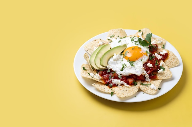 Traditional Mexican breakfast red chilaquiles with egg on yellow background