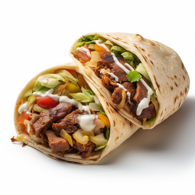 Photo traditional mexican burritos with beef and vegetables on white background