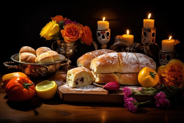 Traditional mexican Day of the dead altar with sugar skulls and candles