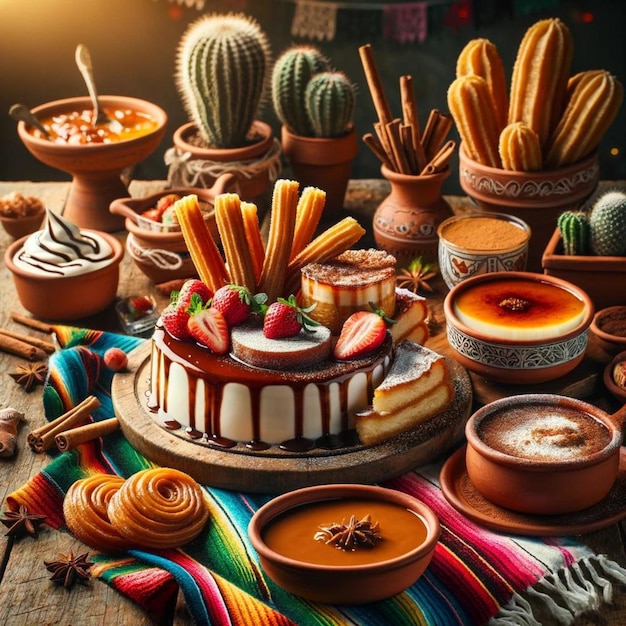 Photo traditional mexican desserts assortment with caramel flan and churros