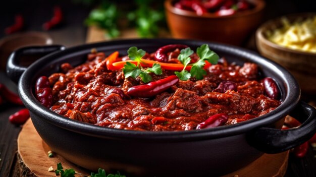 Photo traditional mexican dish chili con carne with minced meat and red beans