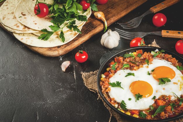 伝統的なメキシコ料理のHuevos rancheros-スクランブルエッグ、トマトサルサ、タコトルティーヤ、新鮮な野菜、パセリ添え。二人分の朝食。黒いコンクリートのテーブルの上。フォークで、スペースをコピーする