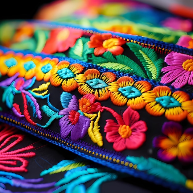 Traditional Mexican embroidery fabric edge vibrant flowers and leaves