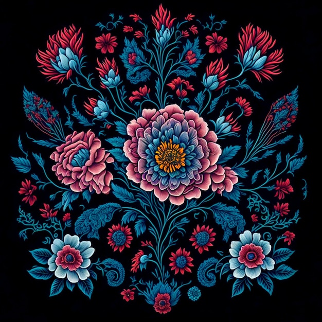 複雑で繊細な花のモチーフを特徴とする伝統的なメキシコの刺繍パターン