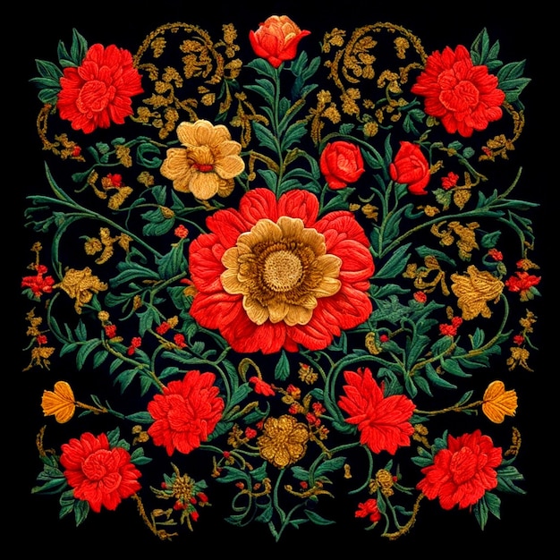 복잡하고 섬세한 꽃 모티프가 특징인 멕시코 전통 자수 패턴