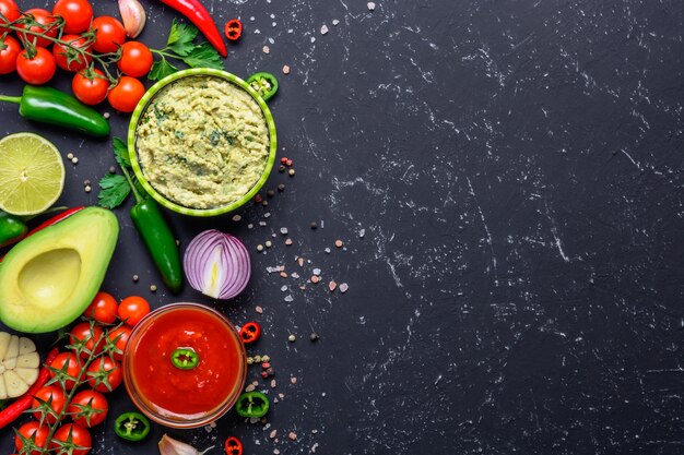 Traditional mexican latin american salsa sauce and guacamole and ingredients on black stone table. top view background with copyspace