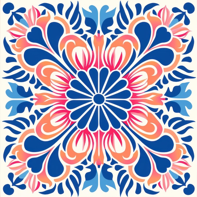 Traditional Mexican Pattern Tile Design With Light Orange And Blue