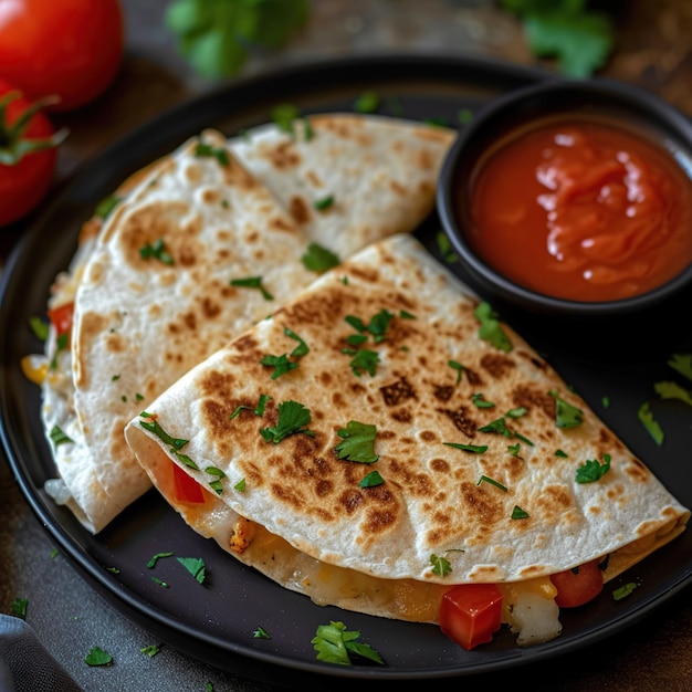 a Traditional mexican quesadilla with chicken cheese and vegetables