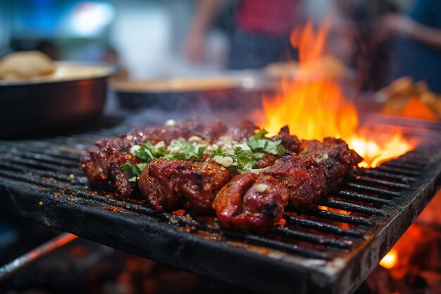 Traditional Mexican street food vendor grilling al pastor tacos on a vertical spit