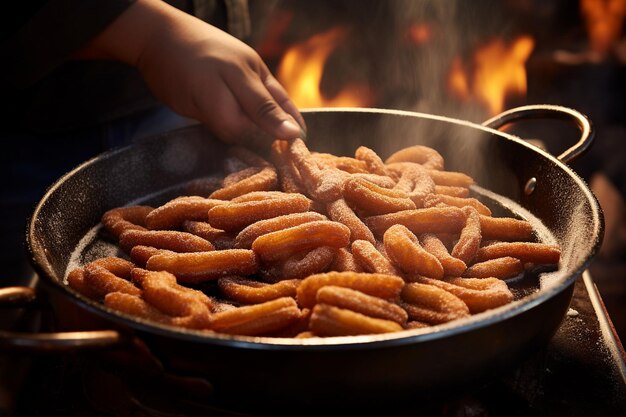 Традиционный мексиканский уличный продавец еды, делающий churros с коричневым сахаром